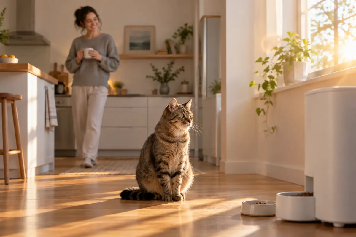 Au lever du jour, un chat tigré attend sa ration près d'un distributeur de croquettes tandis que sa propriétaire boit son café en arrière-plan.