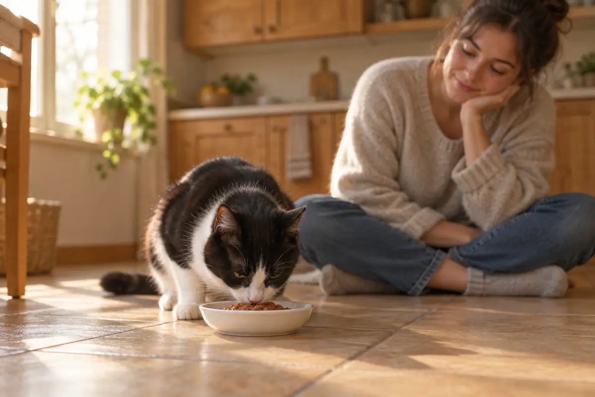 En fin d'après-midi, un chat noir et blanc mange sa pâtée dans un petit bol pendant qu'une personne assise sur le sol de la cuisine le regarde.