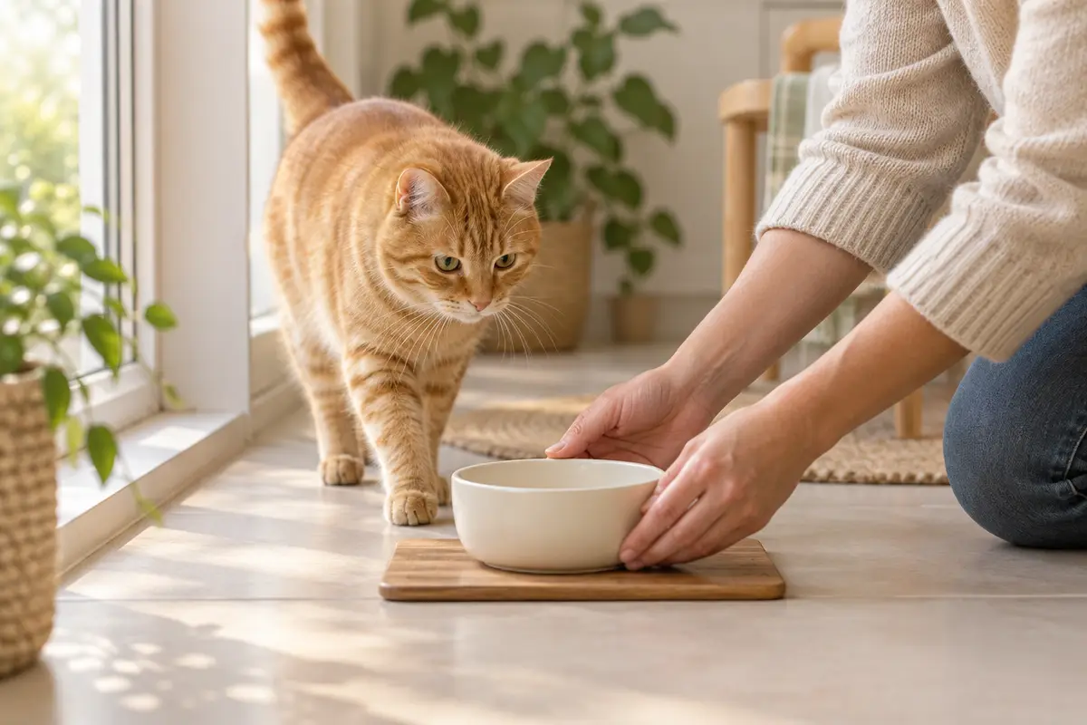 Une personne pose une gamelle en céramique sur un set en bois près d'une fenêtre, et son chat roux s'approche avec curiosité.
